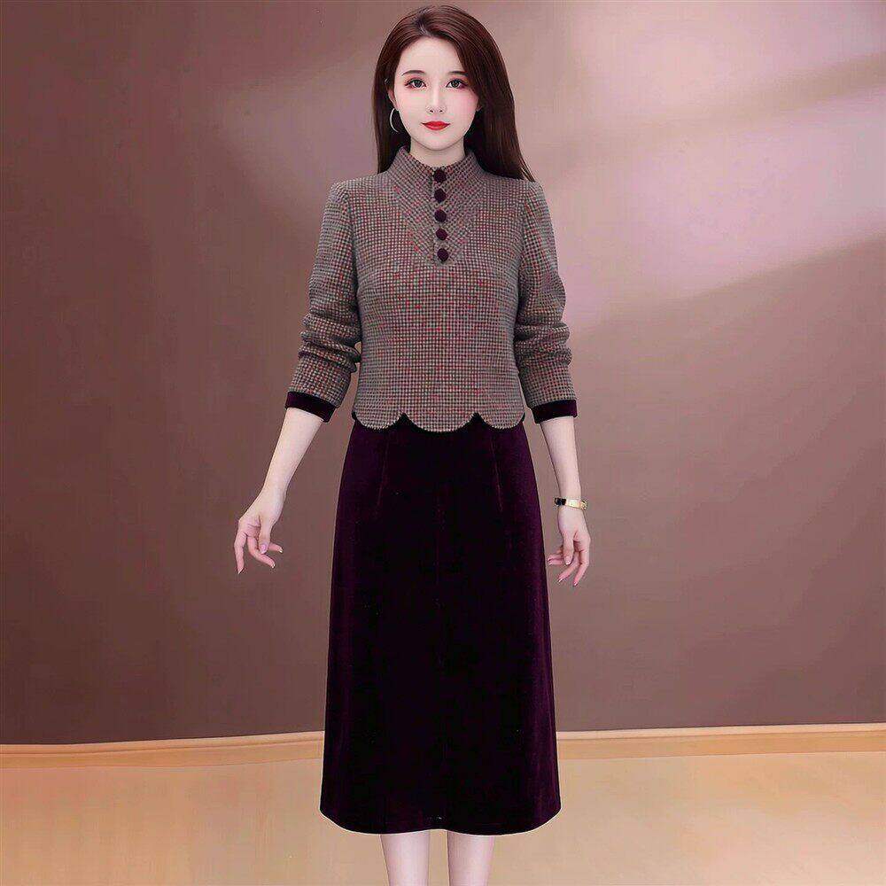 优雅气质假两件连衣裙女2026年秋季新款妈妈装加厚保暖中长款裙子