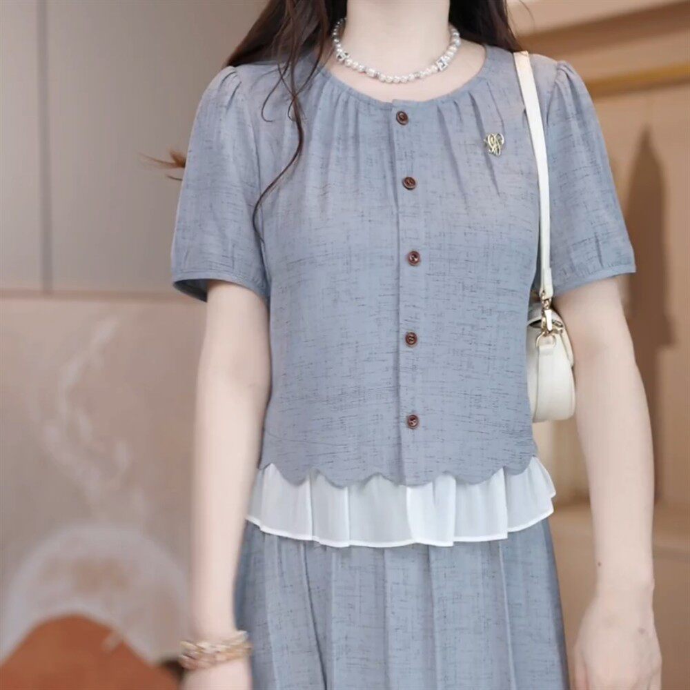 女森系新款时尚件假俩裙子细条纹法式夏季中长款连衣裙减龄理2026