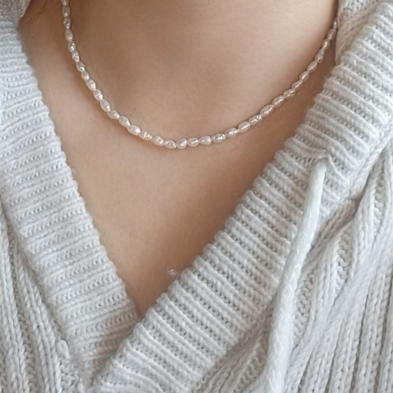 天然珍珠项链女锁骨链纯银极简风简约迷你小巧细款精致爆米花项链