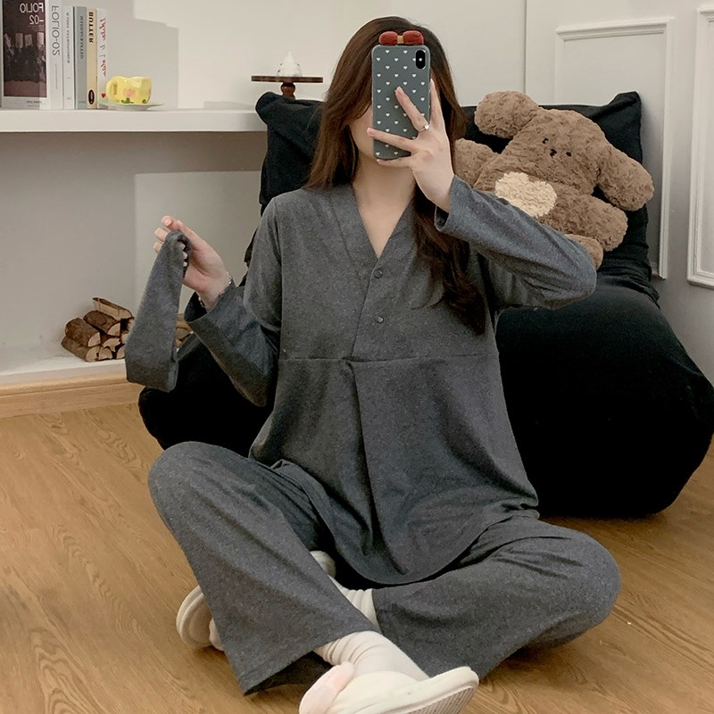 a类母婴级月子服带胸垫春秋9月份纯棉全棉吸汗大码孕妇睡衣哺乳10