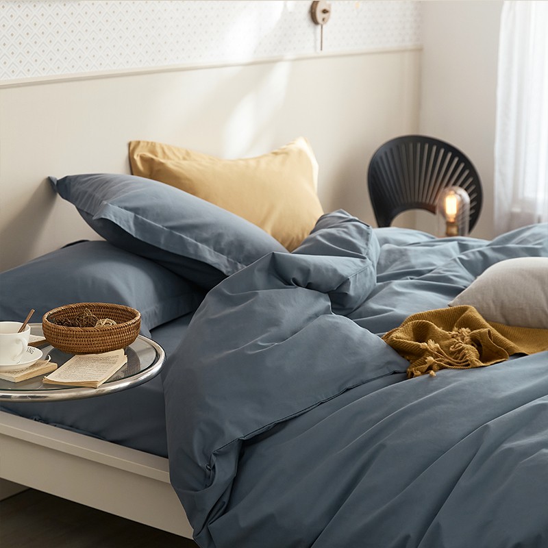 柔软细腻!100支纯棉磨毛四件套全棉被套床单纯色1.8米灰蓝色秋冬