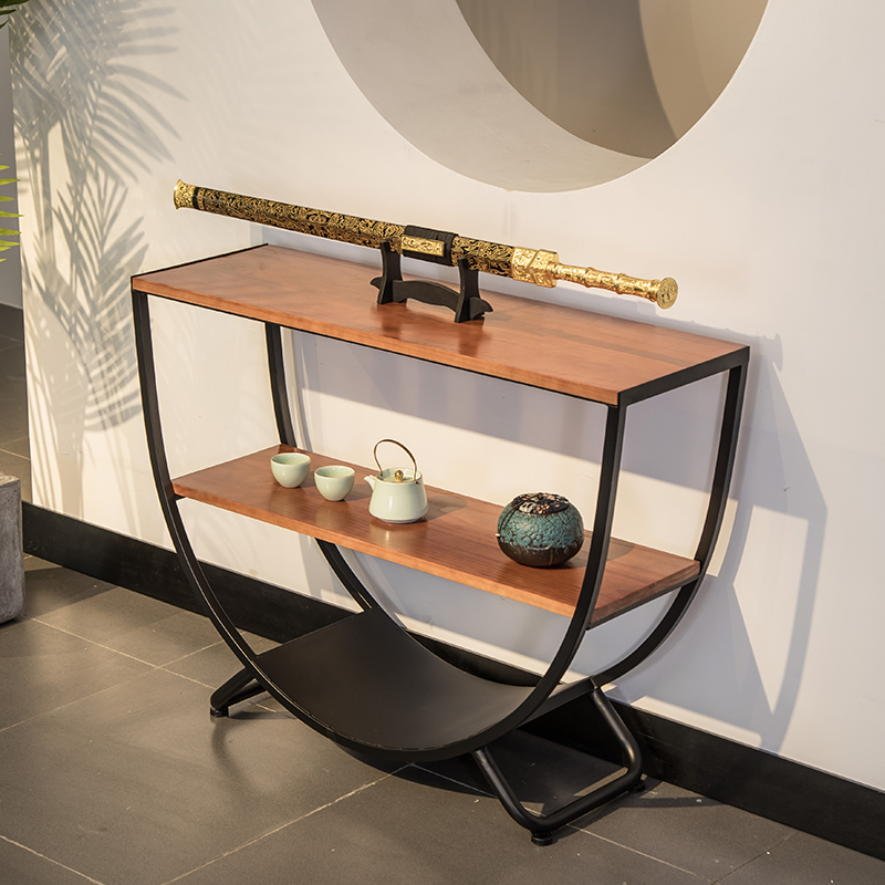北欧现代简约铁艺玄关桌置物架隔板两层落地式台桌半圆实木电视柜
