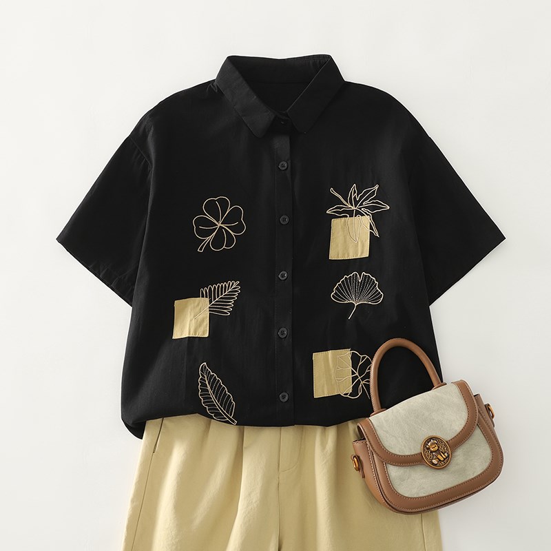 外贸夏新款刺绣设计感短袖衬衣显瘦胖MM大码女文艺日系小清新开衫