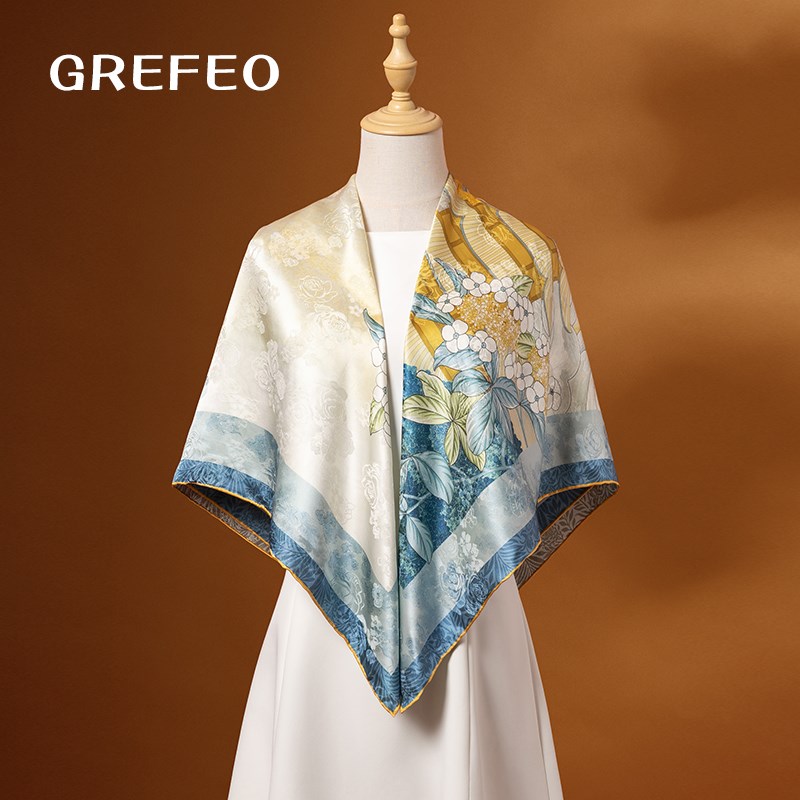 真丝丝巾女2025新款双面花罗大方巾蓝色披巾香云纱披肩送妈妈围巾