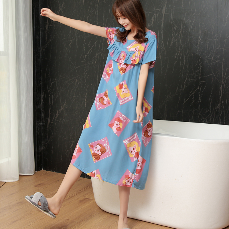 夏中年妈妈女孕妇棉绸薄款短袖睡衣长睡裙连衣裙绵绸人造棉家居服