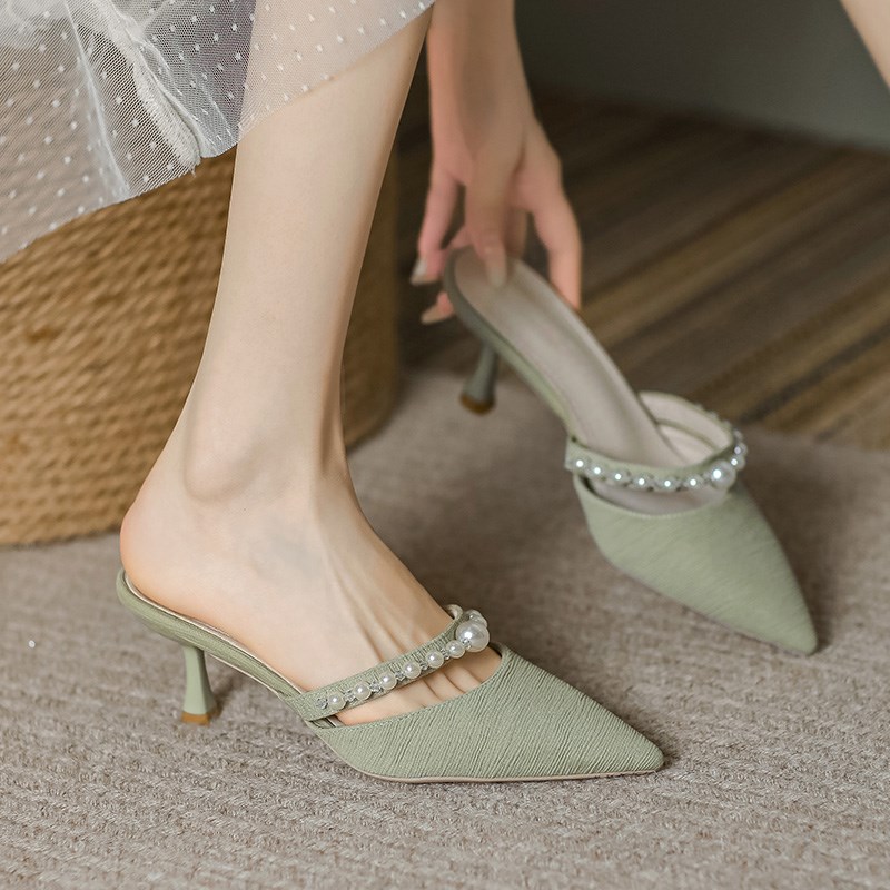 一字带细跟高跟凉鞋女包头6cm2024年夏新款气质配裙子高级感拖鞋