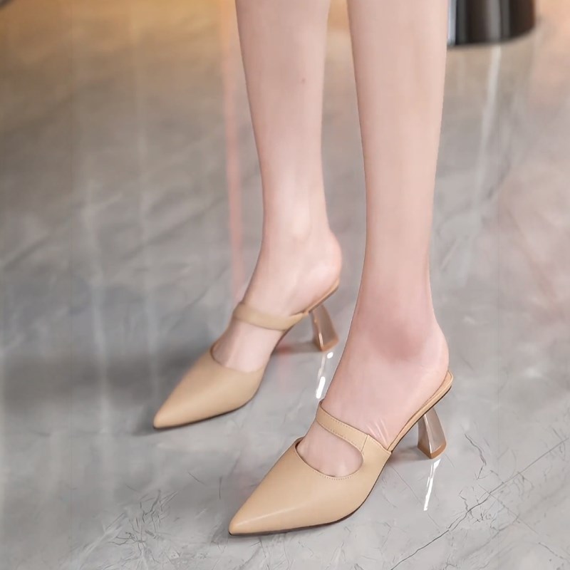 真皮包头半拖鞋女夏季外穿2025年新款仙女风配裙子尖头细跟高跟鞋