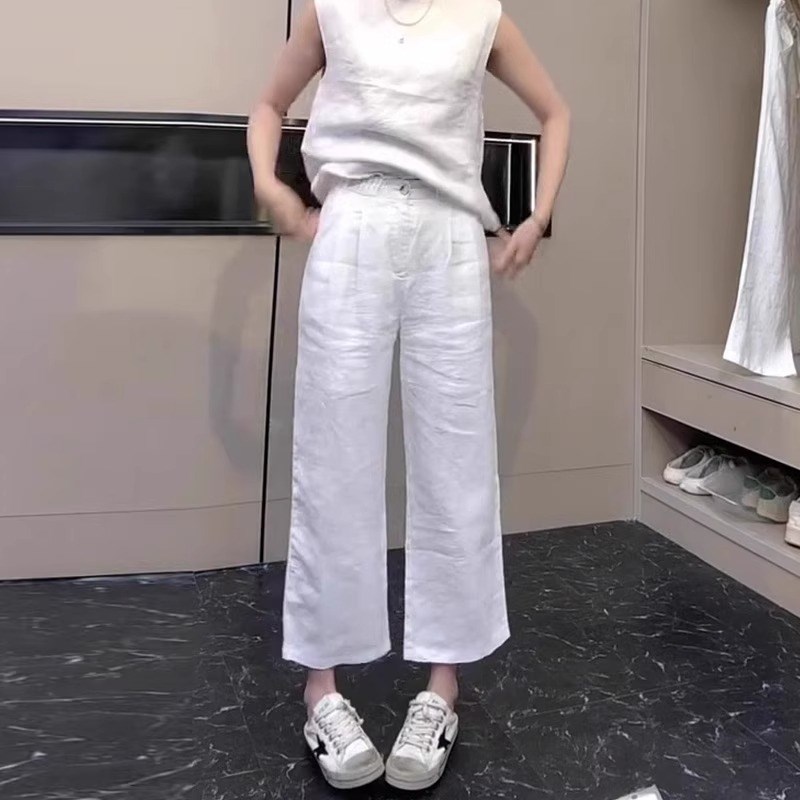 2025新款高腰麻料宽松休闲裤亚麻白色阔腿裤女夏薄款直筒九分裤子