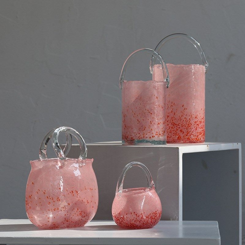 碧轩吕林霞手提篮粉色包包玻璃花瓶创意新品摆件花瓶插花花艺师