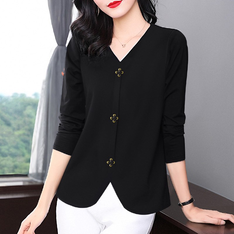 纯棉长袖t恤女装2024春秋新款洋气妈妈v领上衣大码胖mm显瘦打底衫