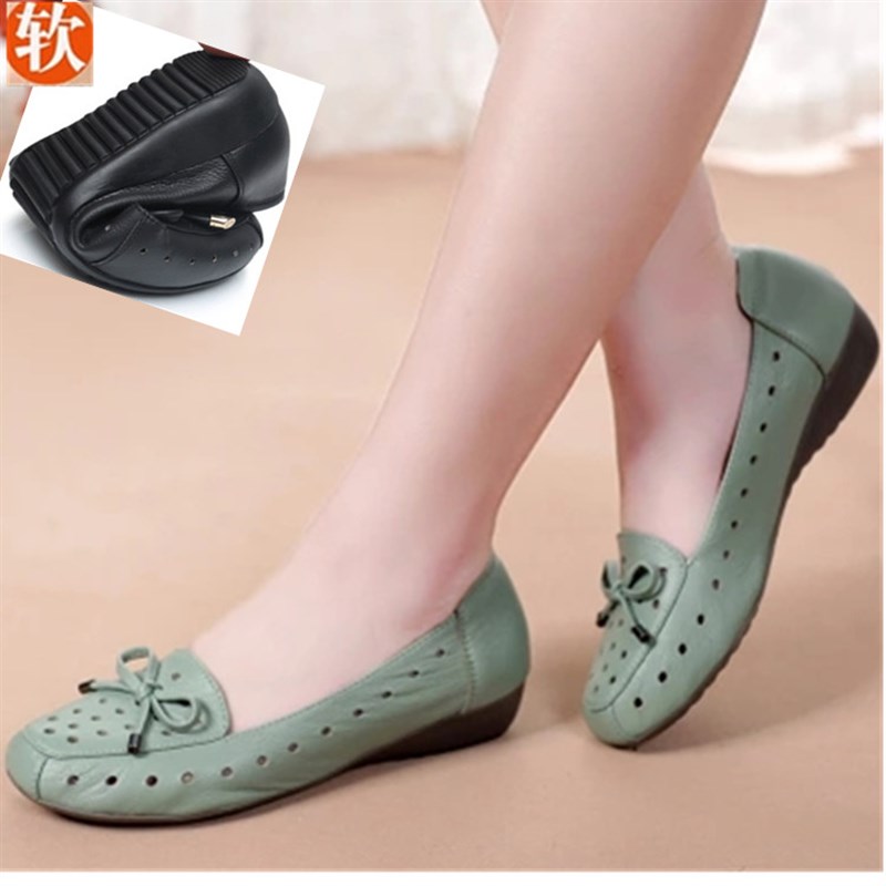 妈妈凉鞋女鞋夏季真皮软底中老年皮鞋平底洞洞鞋防滑舒适百搭单鞋