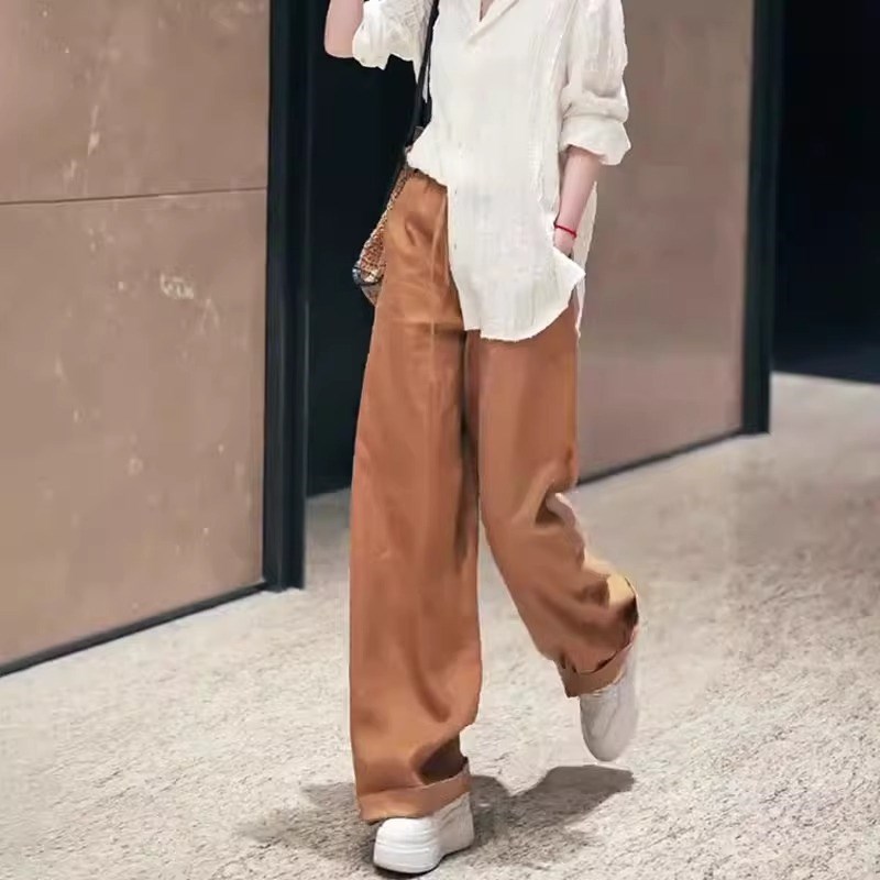 松弛感金棕色亚麻裤女2025夏季流行新款高腰宽松时尚百搭阔腿裤子