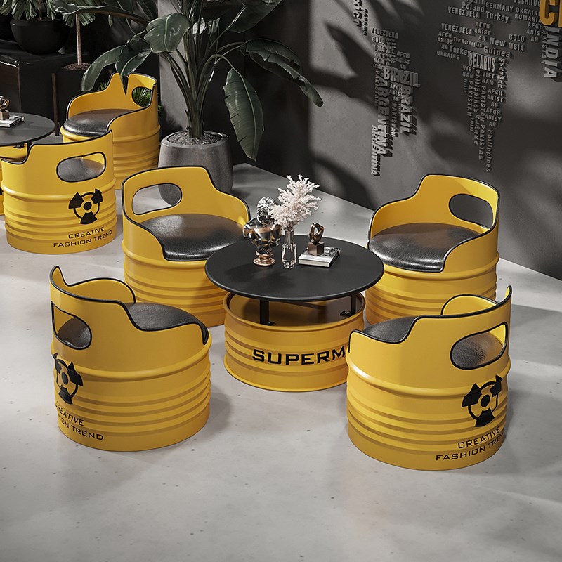 奶茶店桌椅铁艺网红卡座沙发咖啡厅接待区工业风洽谈油桶桌椅组合