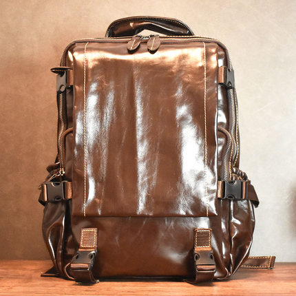 手工休闲真皮双肩包男软皮潮书包笔记本电脑包复古港风背包旅行包