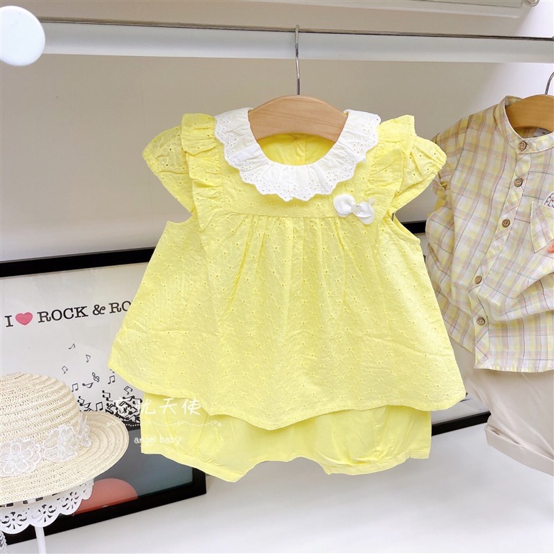 韩国童装 夏新款女童纯棉黄色重工刺绣短袖A字衬衣短裤洋气套装