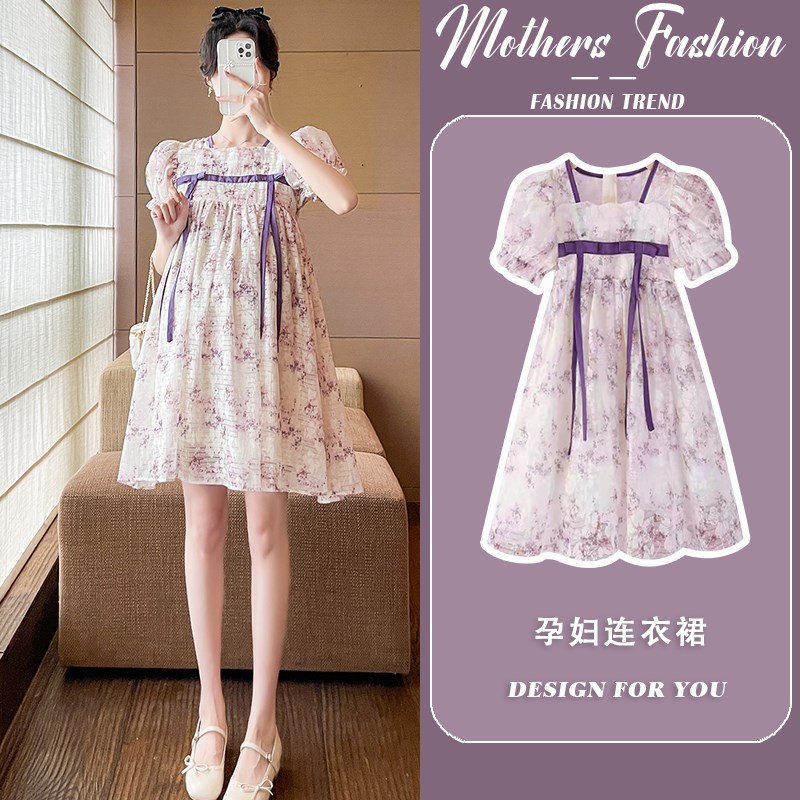 孕妇连衣裙短袖薄款紫色中长款宽松显瘦遮肚2025新款夏A字裙辣妈