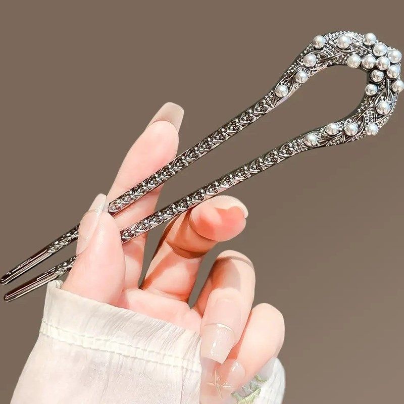 珍珠叶子发钗女2025新款后脑勺高级F感盘发簪子新中式简约U型发簪