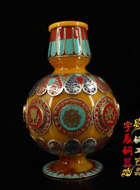 老蜜蜡绿松石古玩玄关摆件花瓶收藏宝石镶花瓶蜜蜡工艺品家居装饰