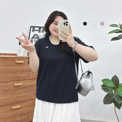 大码短袖女胖mm潮200斤正肩夏圆领遮肉显瘦宽松半袖胖妹妹纯棉T恤