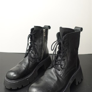 高帮厚底增高女鞋 水洗复古做旧马丁靴 系带手工短靴 新款