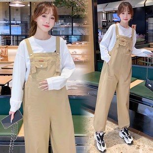 宽松休闲小个子高腰潮妈工装 韩版 阔腿直筒两件套 女夏季 孕妇背带裤