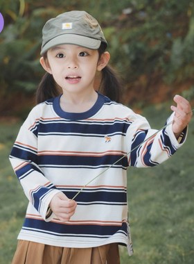 亲子穿2025秋季新款运动衫儿童经典条纹长袖t恤男孩和女孩时尚上