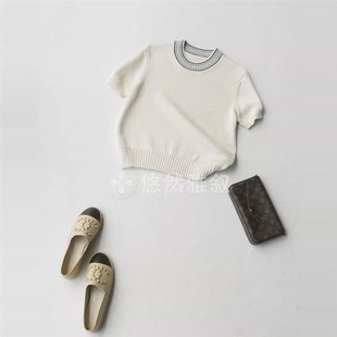 真丝混纺 T恤式 小宽松短袖 原398现188 毛衫 棉 针织衫 复古条纹领