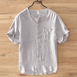 半袖 无领套头纯亚麻衬衫 宽松棉麻上衣日系复古男士 夏季 衬衣 男短袖