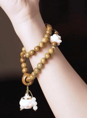 【步步生莲】天然绿檀0.8双圈莲花吊坠双圈手串 车挂 手持