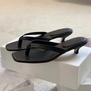 气质百搭露趾夹脚夹趾小猫跟凉鞋 真皮方头人字拖鞋 女 新款 2024夏季