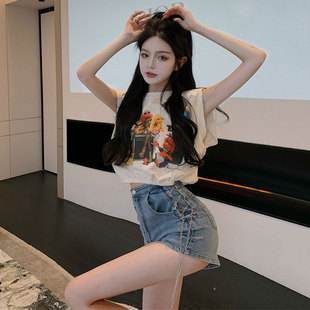 设计感显瘦链条绑带牛仔短裤 T恤 两件套潮 印花宽松无袖 2021夏新款