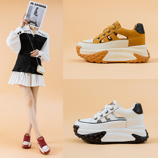 厚底增高浅口休闲真皮复古老爹鞋 夏季 女2025新款 镂空透气洞洞鞋