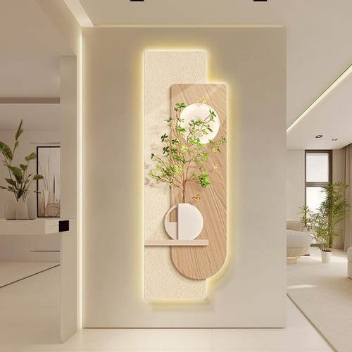 现代简约玄关装饰画创意绿植氛围灯画入户走廊过道挂画感壁画