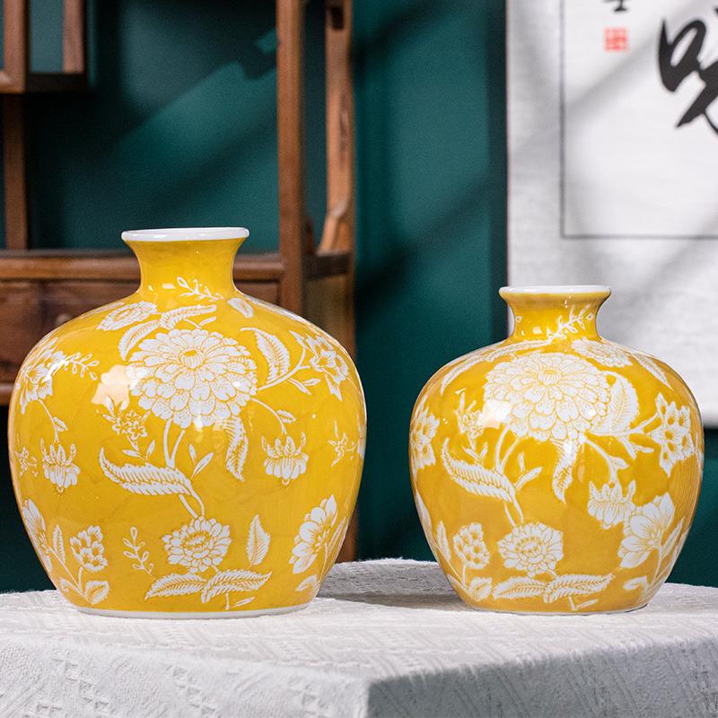 黄色石榴花瓶半手工填色凹凸感新中式陶瓷花瓶可水培陶瓷摆件饰品