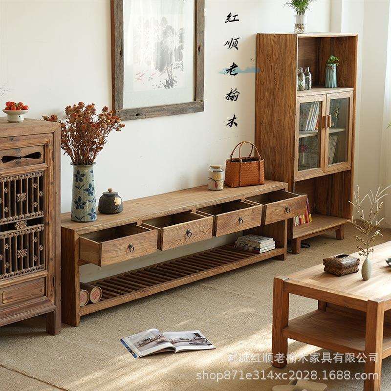 老榆木电视柜茶几组合中式墙边柜小户型客厅矮柜民宿复古地柜