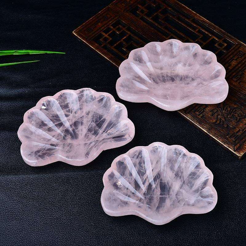 天然粉晶贝壳碗摆件粉水晶原石雕刻水晶消磁碗首饰收纳碗家居摆设