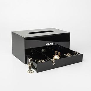 鹤彩黑色亚克力多功能纸巾盒高档首饰棉签创意桌面收纳盒抽纸盒