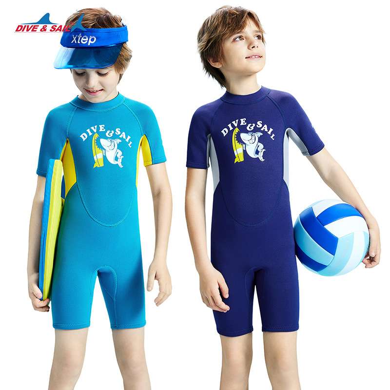 DIVE&SAIL儿童潜水服2.5MM短袖连体保暖冬泳衣男童浮潜防寒水母衣