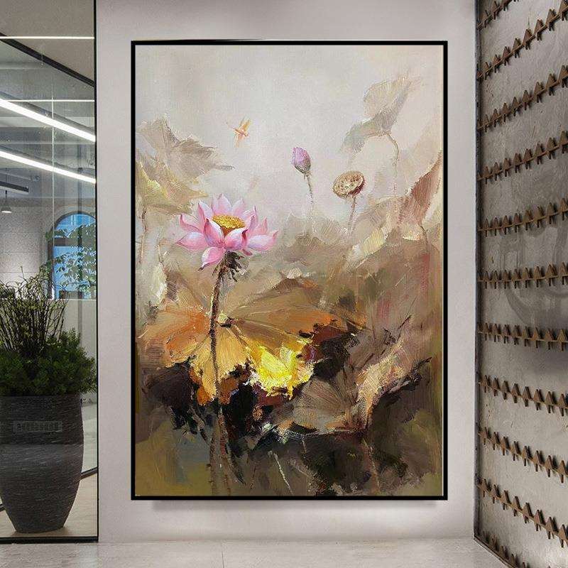 纯手绘印象派新中式油画荷花玄关装饰画走廊过道竖版挂画花卉壁画