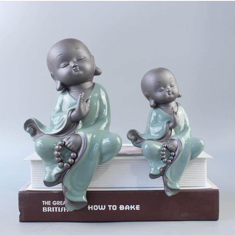 陶瓷禅意哥窑小和尚人物摆件流水配件中式家居博古架装饰摆设软装