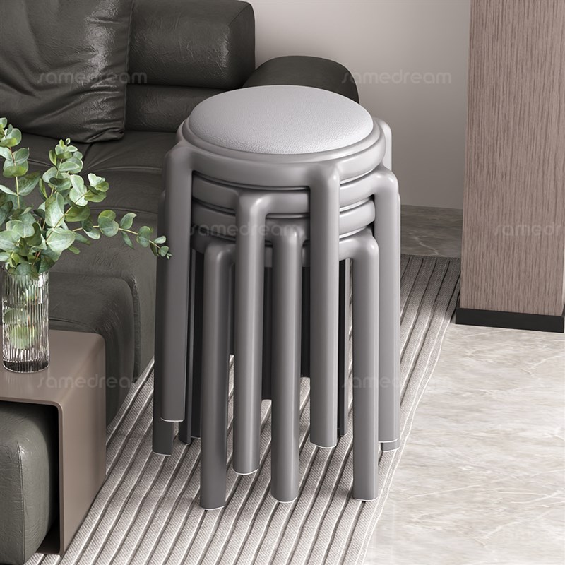 软包塑料凳子家h用可叠放加厚轻奢高级餐桌高圆凳结实耐用简约板