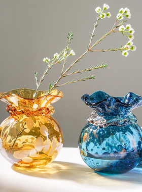 寓意好钱袋子琉璃蓝色花t瓶摆件新年客厅样板间玄关餐桌招财摆件