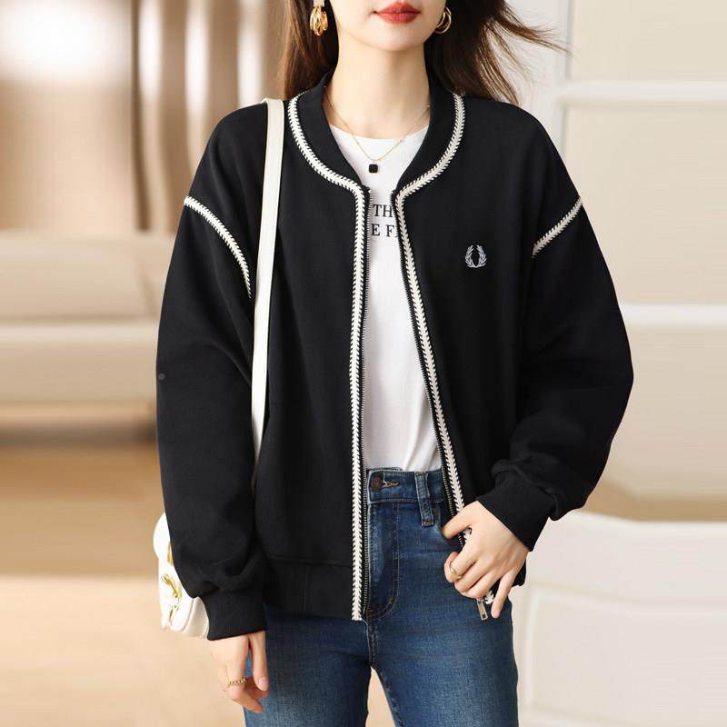 黑时尚高级LNF感胖妹短外套女秋冬洋气减妹龄太空棉棒球服色开衫