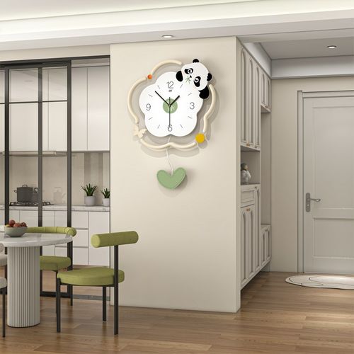 家用挂墙钟表简约现代奶油风花朵C熊猫静音时钟高级感创意客厅挂