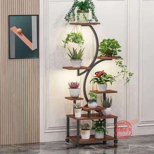 跨境室内花架带植物灯落地式置物架拼接花架子多层铁木架子