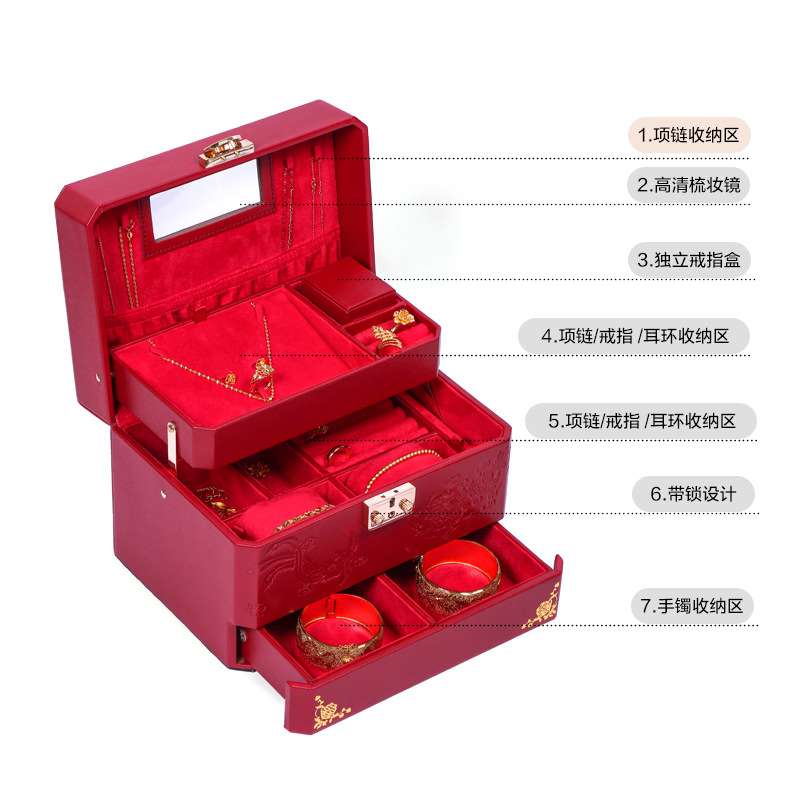 红色喜字婚庆首饰箱三金九宝彩礼箱结婚用品大容量陪嫁首饰盒厂家