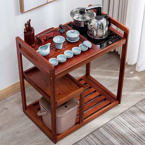 中式移动茶车家用实木小茶台乌金石茶盘自动电磁炉茶水柜泡茶桌