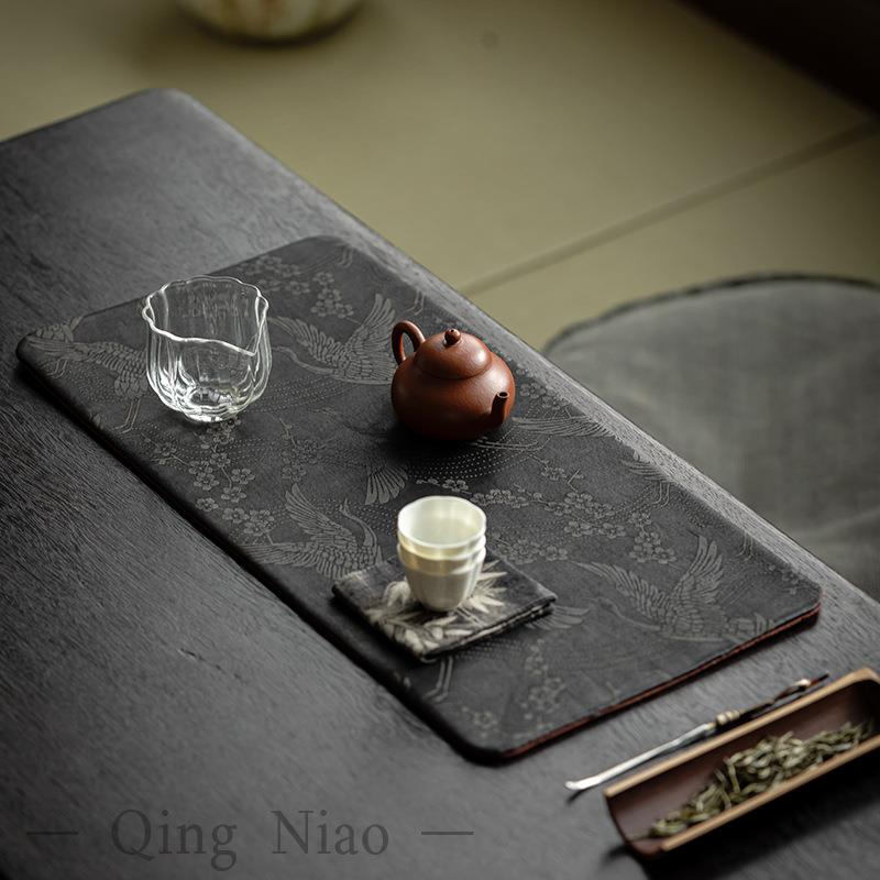 复古香云纱茶席手工瑞鹤双面防水茶垫布禅意桌旗桌布创意茶具配件
