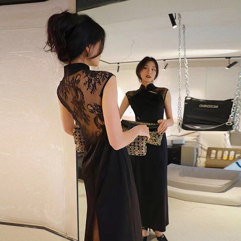 大码女装复古改良黑色旗袍缎面蕾丝拼接加肥胖妹妹气质显瘦连衣裙