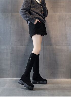 不过膝长筒靴女秋2021年新款内增高马丁靴厚底坡跟高筒小个子长靴